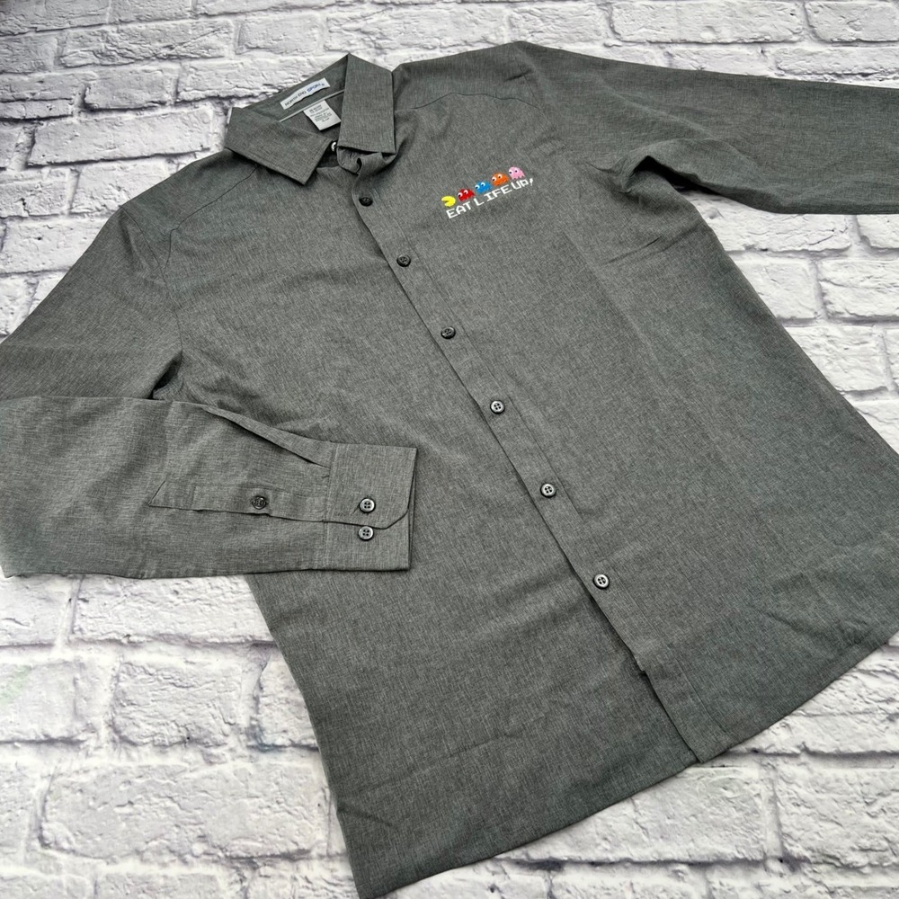 North End Sport Mens Small Gray Pac-Man Eat Life Up Button Up Shirt Long Sleeve